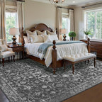 Washable Area Rug 8x10 Black Rugs for Living Room, Vintage Boho Large Rug for Bedroom Dining Room Office, Distressed Floral Print Carpet for Under Table, Soft Non Slip Low Pile Throw Carpet Indoor Mat