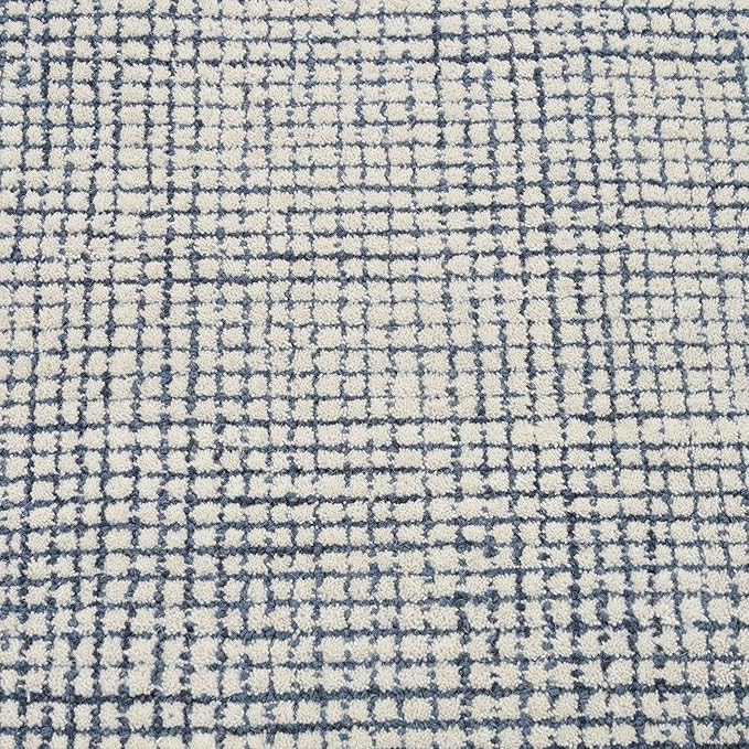 Hand-Tufted 100% Wool Pile Area Rug – Geometric Textured Grid Check Pattern – Thick and Durable Floor Carpet for Bedroom, Living Room, Kids Room, and Dining Area (Indigo Blue, 8' x 10')