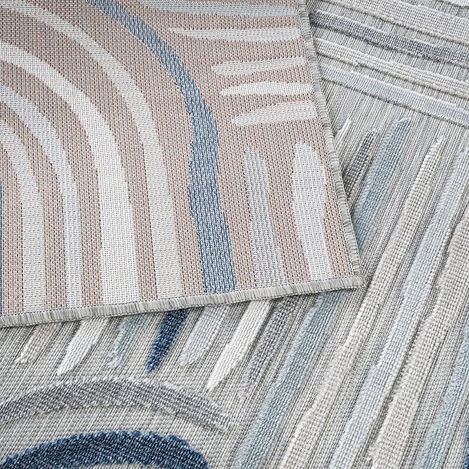 CAMILSON Indoor Outdoor Rug, Blue 6x9 Geometric Arch Striped Area Rugs for Patio and Home Areas, Easy-Cleaning Non-Shedding Living Room, Garden and Deck Washable Outside Carpet (6 x 9)