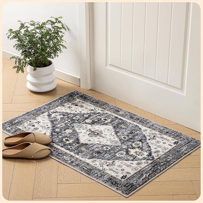 Istana Area Rug 2x4 - Dark Grey Blue & Rose Mauve 2x4 Washable Rug Non Slip - Pet Friendly Living Room Rug - Non Shedding Washable Rugs for Bedroom - Foldable Bathroom Rugs