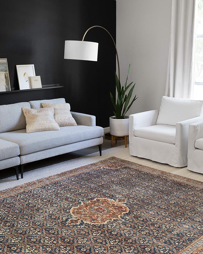 Loloi Layla Collection LAY-09 Cobalt Blue/Spice 3'-6" x 5'-6" .13" Thick Accent Rug, Soft, Durable, Vintage Inspired, Distressed, Low Pile, Non-Shedding, Easy Clean, Printed, Living Room Rug