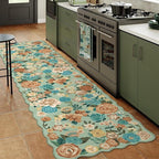 Washable Floral Runner Rug 2x5 Green Hallway Carpet Scalloped Flower Non Slip Soft Long Kitchen Runner Farmhouse Low Pile Thin Indoor Floor Cover for Bathroom Bedroom Laundry Room Entryway