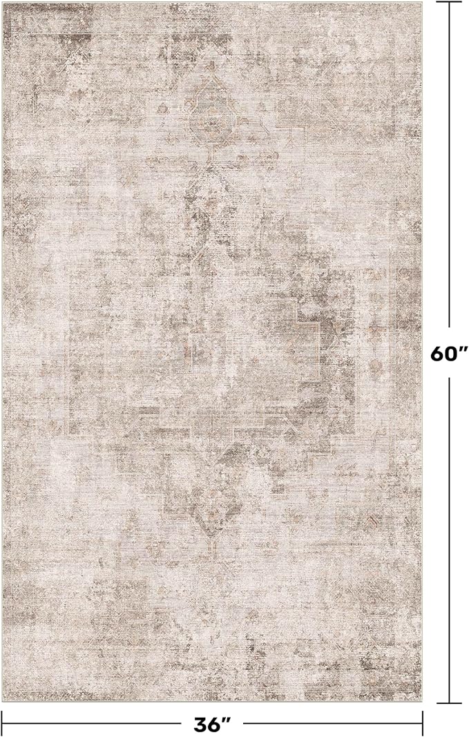 Washable Beige Brown Rugs for Entryway Indoor - 3x5 Throw Rug for Large Kitchen, Bedroom Bedside, Bathroom, Mudroom, Mordern Abstract Medallion Light Brown Décor, Non Slip Low Pile Fade Resistant