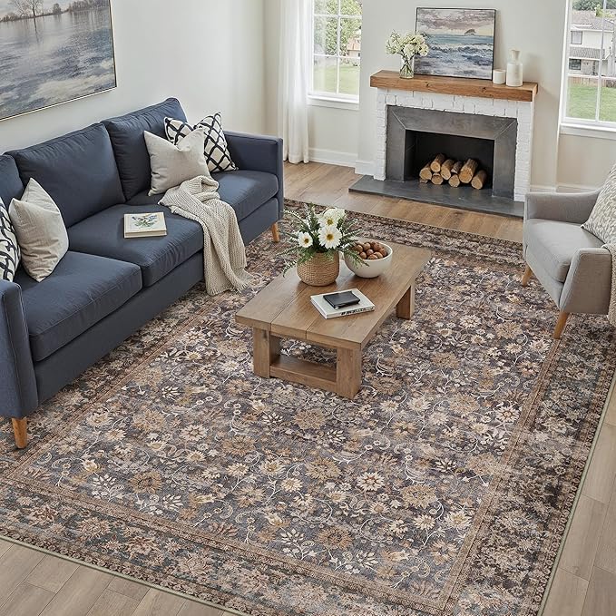 HUGEAR 10x14 Machine Washable Rugs Tradition Brown Hallway Large Area Rug Indoor Accent Rug Floral Low Pile Carpet Soft Throw Aesthetic Rug Bedroom Living Room Office Dining Room Kitchen Laundry Room
