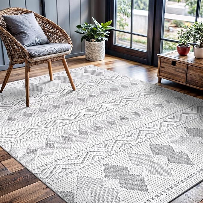 CAMILSON Micro Loop Rug 5x7 Modern Luxury Geometric Boho Diamond Area Rugs Soft High and Low Pile Stain Resistant Easy-Cleaning Non-Shedding for Living Room Office Indoor Carpet (5 x 7 / White - Gray)
