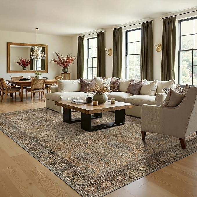 Bavni Washable Rug 9x12 Area Rug for Living Room Bedroom Dining, Washable Vintage Print Carpet, Ultra-Thin Chenille Low Pile Lightweight Rug with Non Slip Backing, Warm Taupe