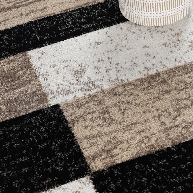 Superior Indoor Runner Rug, Jute Backed, Modern Geometric Patchwork Floor Decor for Bedroom, Office, Living Room, Entryway, Kitchen, Hardwood Floors, Rockwood Collection, 2' 7" x 8', Ivory-Beige