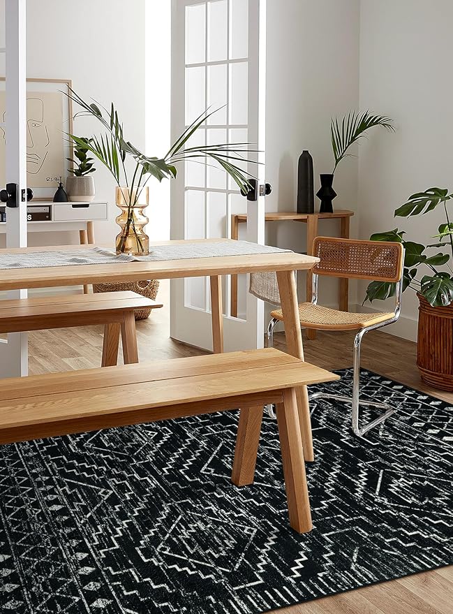 Wonnitar Moroccan Washable Rug 4x6, Black Boho Living Room Area Rug, Non-Slip Farmhouse Bedroom Carpet Dorm Room Throw Rug, Low Pile Soft Accent Mat for Kitchen Entry Office (Black,4'x6')