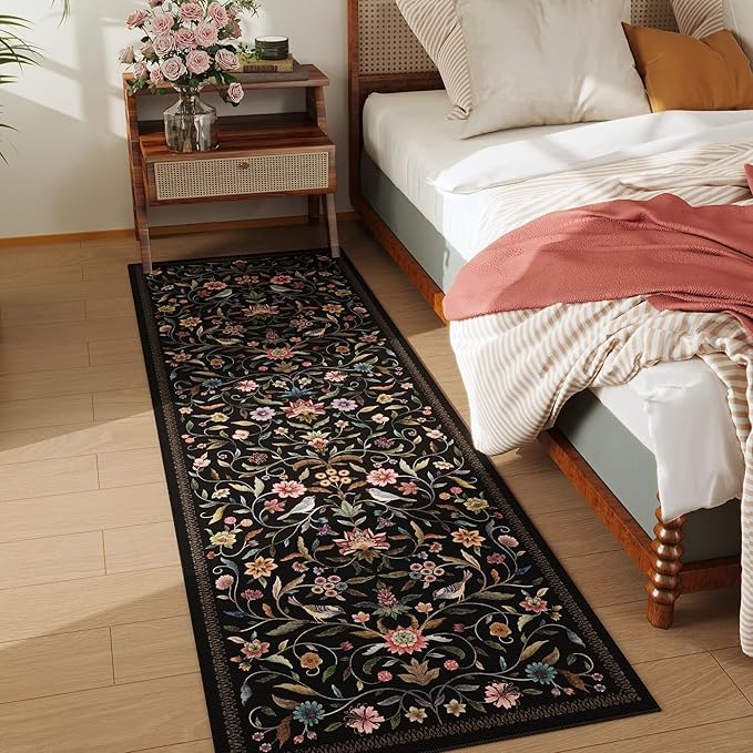 Vintage Medallion Floral Washable Runner Rug 2'7"x8', Non-Slip Low Pile Soft Carpet for Hallways, Laundry, Bedroom, Bathroom, Entryway | Black