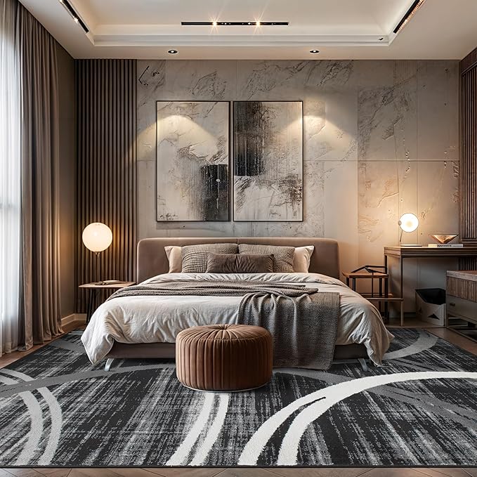 Rugshop Modern Wavy Circles Design Area Rug, Carpet with Jute Backing for Living Room, Dining Room, or Office, Black, 7'10" x 10'2"