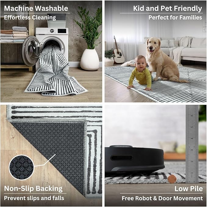 Bloom Rugs Washable Non-Slip 5' x 7' Rug - Black/Ivory Striped Area Rug for Living Room, Bedroom, Dining Room, and Kitchen - Exact Size: 5' x 7'