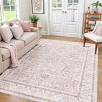 Light Pink Nursery Rug Large Area Rugs for Living Room Vintage Rug Boho Floral Washable Area Rugs 9x12 Indoor Carpet for Bedroom Dining Room Kids Room