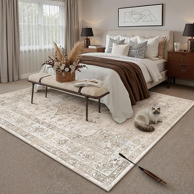 Taupe 8x10 Area Rug Washable Vintage Living Room Carpet Non Slip Retro Distressed Low Pile Soft Oriental Medallion Thin Large Throw Rug for Office Bedroom Dining Room Playroom