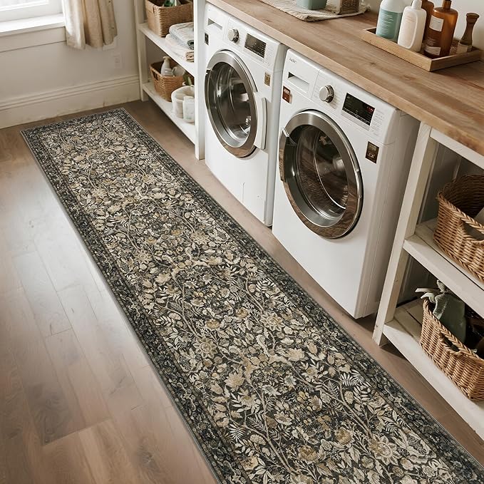 Washable Runner Rug 2x8: Vintage Boho Floral Carpet Runners for Hallway Entryway Non-Slip - Soft Botanical Low Pile Thin Mat for Kitchen Bathroom Bedroom Laundry Floor Decor - Dark Brown