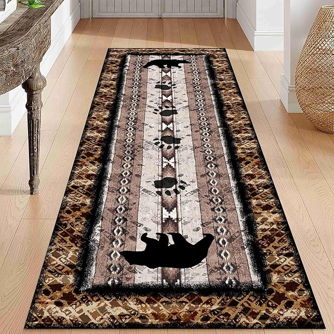 Unique Wildlife Runner Rug, 2x6ft, Bear Border Design Area Rug, Rustic Log Cabin Runner for Entryway, Rubber Backing Durable Floor Rug, Vintage Western Decoration, Fade-Resistant Print Carpet