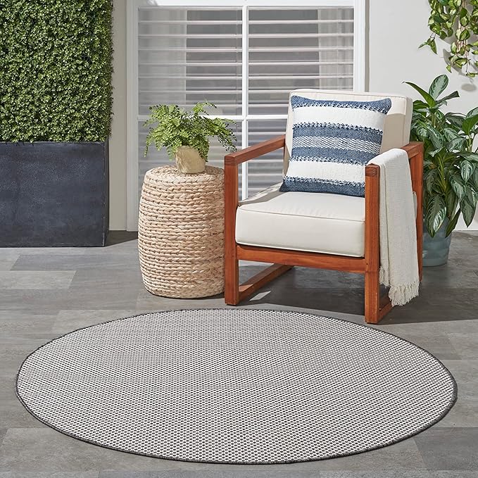 Nourison Home Courtyard Ivory Charcoal 5' x Round Area Rug - Easy Clean, Non Shedding, Bed Room, Living Room, Dining Room, Kitchen (5' x Round)