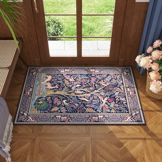 Rugcomf Indoor Door Mat 2x3 Rug Vibrant Tree of Life-Patterned Vintage Machine Washable Small Area Rug Non-Slip Low Pile Throw Rugs for Entryway Kitchen Front Door Entrance Entry Kids Room, Blue