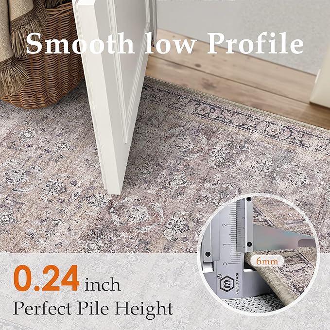 2x8 Purple Area Rug Runners for Hallways Washable Vintage Distressed Carpet Low Pile Non Slip Indoor Retro Soft Long Accent Rug Bedroom Kitchen Bathroom Laundry Dining Living Room