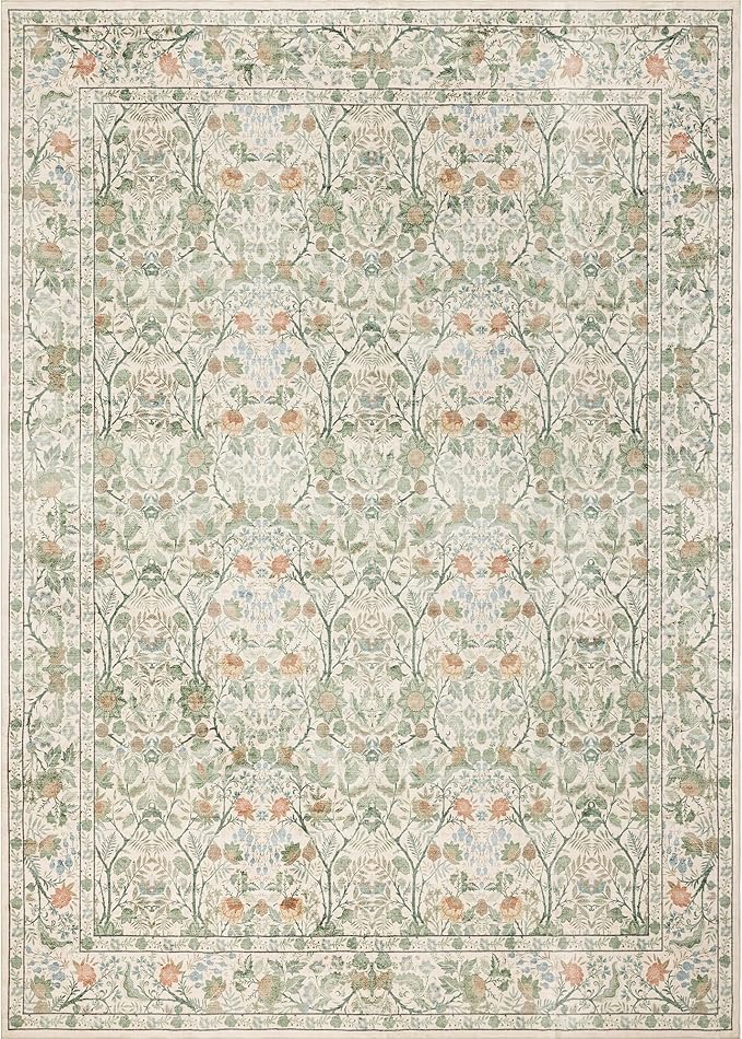 Washable Living Room Rug: 9x12 Boho Floral Soft Area Rug for Bedroom Decor - Vintage Low Pile Thin Carpet for Dining Room Non-Slip - Farmhouse Stain Resistant Rugs - Beige Green