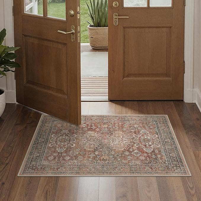 Bavni Washable Rug 2x4, Non Slip Small Runner for Entryway, Kitchen or Bathroom, Vintage Print Thin Low Pile Indoor Carpet, Brick