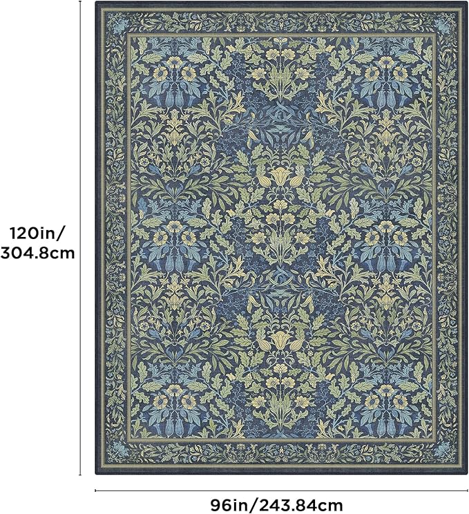 Bavni Floral Dark Blue Area Rugs 8x10, Vintage Boho Carpet Machine Washable, Non Slip Soft Low Pile Thin Rug for Bedroom, Living Room, Dining Room, Nursery