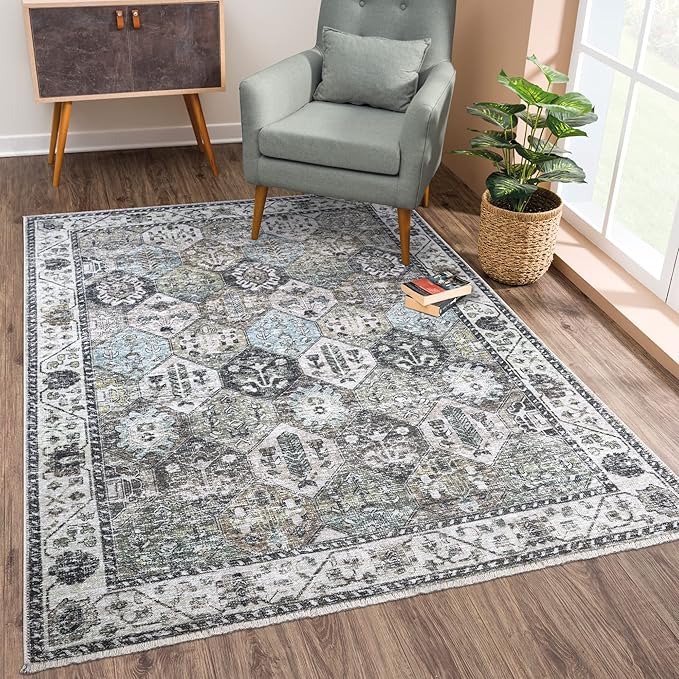 Bloom Rugs Caria Washable Non-Slip 8x10 Rug - Beige/Olive Traditional Area Rug for Living Room, Bedroom, Dining Room, and Kitchen - Exact Size: 7'8" x 10'