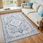 4x6 Area Rug for Bedroom, Machine Washable Rugs with Non-Slip Backing for Living Room, Soft Vintage Carpet Kitchen Laundry Kids Room Decor, Blue & Beige