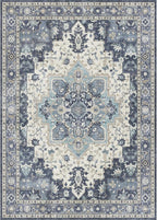 GENIMO 5x7 Area Rugs for Living Room, Machine Washable Vintage Non Slip Rugs, Low Pile Lightweight Chenille Print Rug for Bedroom, Dining Room, Home Office, Center Blue