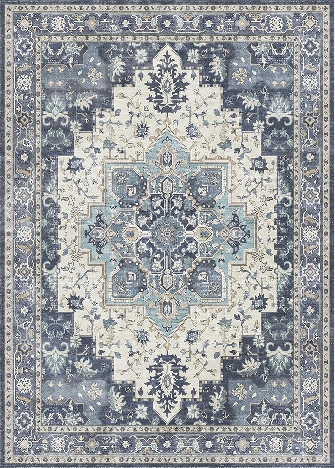GENIMO 5x7 Area Rugs for Living Room, Machine Washable Vintage Non Slip Rugs, Low Pile Lightweight Chenille Print Rug for Bedroom, Dining Room, Home Office, Center Blue