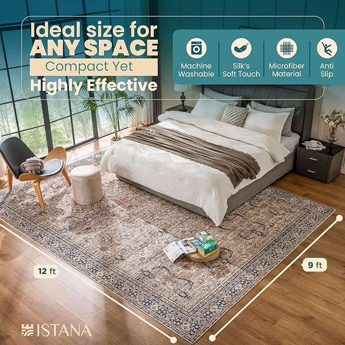 Istana Rugs 9x12 - Charcoal Olive Bedroom Rug - Washable Area Rugs 9x12 Living Room - Stain Resistant Machine Washable Rugs - Eco-Friendly Dining Room Area Rug - 9 x 12 Area Rugs for Living Room