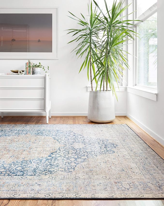 Loloi Layla Collection LAY-07 Blue/Tangerine 5'-0" x 7'-6" .13" Thick Area Rug, Soft, Durable, Vintage Inspired, Distressed, Low Pile, Non-Shedding, Easy Clean, Printed, Living Room Rug