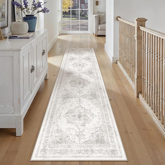 Runner Rug 2x10 Washable Light Gray Hallway Runner Vintage Boho Medallion Non Slip Grey Distressed Retro Carpet Indoor Low Pile Long Soft Rug for Kitchen Entryway Bedroom Bathroom Laundry