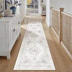 Runner Rug 2x10 Washable Light Gray Hallway Runner Vintage Boho Medallion Non Slip Grey Distressed Retro Carpet Indoor Low Pile Long Soft Rug for Kitchen Entryway Bedroom Bathroom Laundry