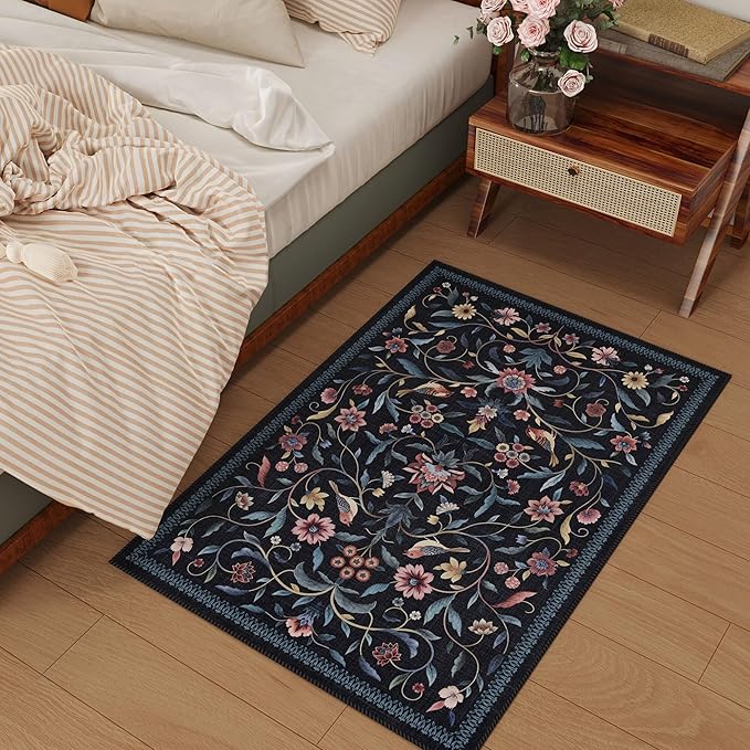 Vintage Medallion Floral Indoor Door Mat 2x3, Machine Washable Entryway Rug, Low Pile Soft Small Carpet, Non-Slip Area Rug for Entrance, Bedroom, Kitchen & Kids Room | Blue