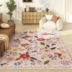 Living Room Rug 8x10 Rug Machine Washable Boho Area Rug Non Slip Floral Vintage Low Pile Large Rugs for Living Room, Bedroom, Farmhouse, Dining Room (Beige)