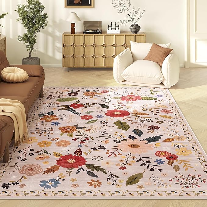 Living Room Rug 8x10 Rug Machine Washable Boho Area Rug Non Slip Floral Vintage Low Pile Large Rugs for Living Room, Bedroom, Farmhouse, Dining Room (Beige)