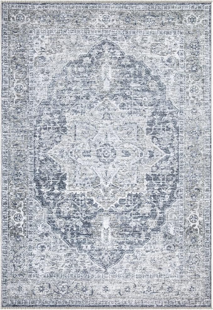 Bloom Rugs Caria Washable Non-Slip 3x5 Rug - Gray/Dark Blue Traditional Area Rug for Living Room, Bedroom, Dining Room, and Kitchen - Exact Size: 3' x 5'