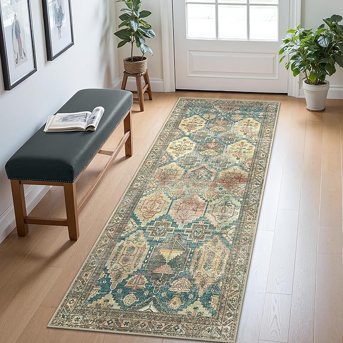 Bavni Washable Rug 5x7 Area Rug for Living Room Bedroom Dining, Washable Vintage Print Carpet, Ultra-Thin Low Pile Lightweight Rug with Non Slip Backing, Multi Green