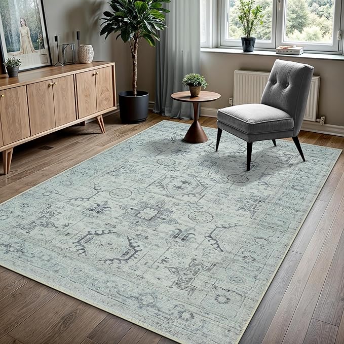 GLN Rugs Traditional Collection - Machine Washable Area Rug, Traditional Washable, Non Slip, Low Pile Chenille Rug, Living Room, Bedroom, Kitchen Rug (6' x 9' Cream/Gray/Sea Salt)
