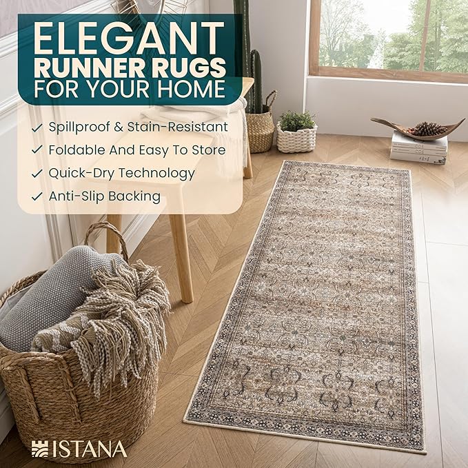 Istana Hallway Runner Rug 2x8 – Olive/Charcoal Entryway Rug -Silk's Soft Touch Runners for Hallways - Stylish Kitchen Runner Rug Non Slip