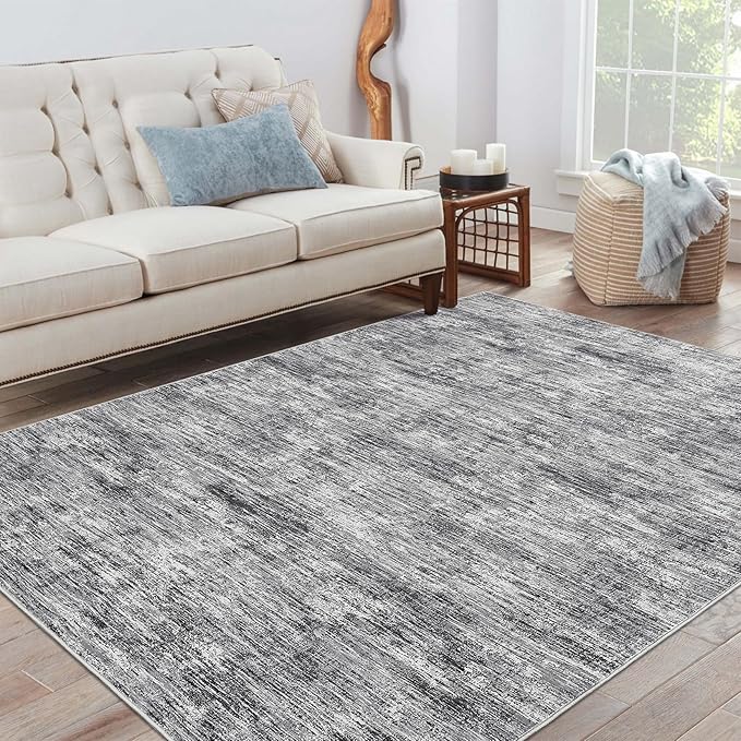 RUGSREAL 8x10 Washable Rug for Living Room Non-Slip Modern Abstract Area Rug Stain Resistant Large Bedroom Rug Contemporary Accent Throw Floor Carpet Solid Rug for Dining Room Home Decor, Ivory/Grey