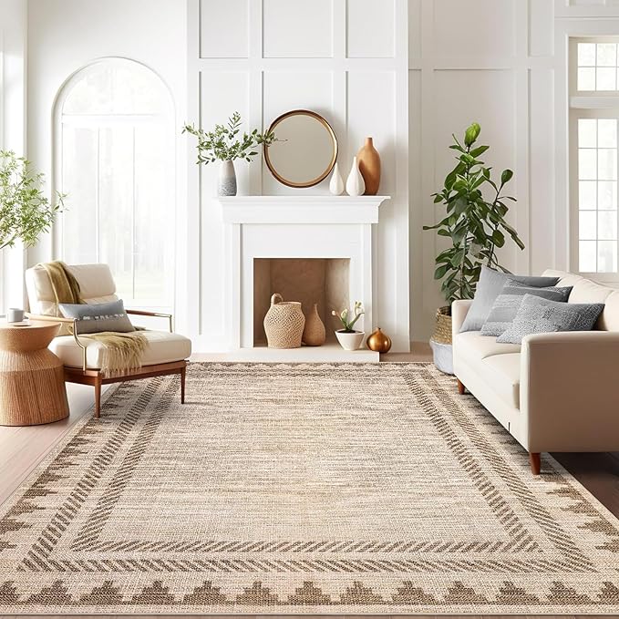 Geometric Bordered Washable 5x7 Area Rugs for Dining Room Bedroom Foldable Non Slip Soft Indoor Carpet Stain Resistant Modern Living Room Low Pile Rug with Rubber Back, Beige Brown