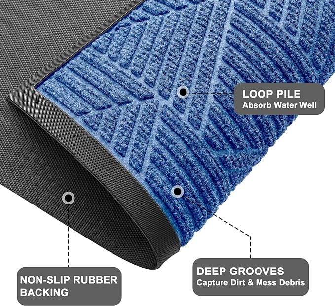 Kitinjoy Front Door Mat Outside Entrance, Sturdy Natural Dirt Trapper, Heavy Duty Rubber Doormat, Low Profile Non-Slip Backing, Easy Clean Floor Mat for Indoor Outdoor Entry, 29.5X17 Inch, Blue