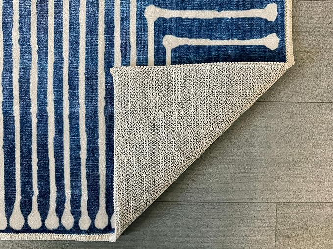 GLN Rugs Contemporary Collection - Machine Washable Area Rug, Contemporary Washable, Non Slip, Low Pile Chenille Rug, Living Room, Bedroom, Kitchen Rug (2'6" x 7' Lines Blue)