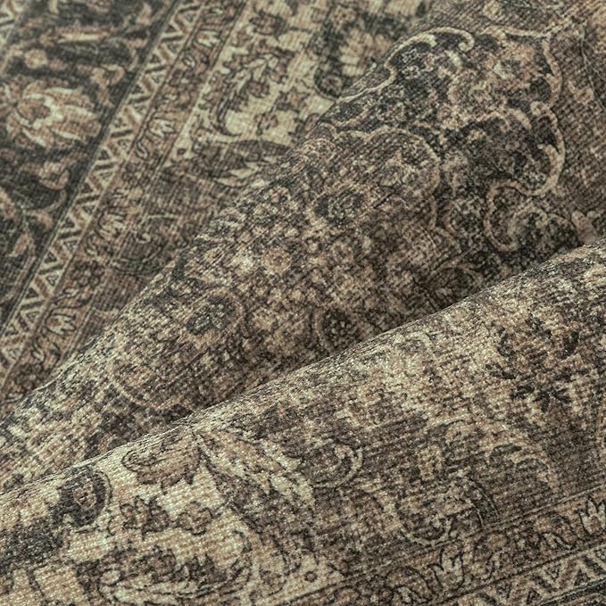 2x8 Washable Brown Runner Rug Vintage Hallway Kitchen Carpet Non-Slip Soft Low Pile Distressed Throw Rug for Bedroom Bathroom Laundry Living Room