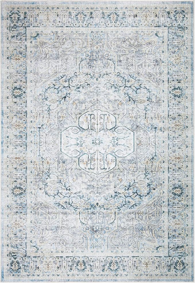 Bloom Rugs Washable Non-Slip 5' x 7' Rug - Cream/Light Blue/Teal Traditional Medallion Area Rug for Living Room, Bedroom, Dining Room, and Kitchen - Exact Size: 5' x 7'