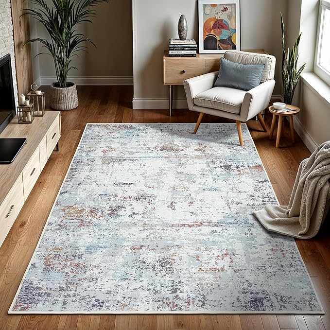 GLN Rugs Contemporary Collection - Machine Washable Area Rug, Contemporary Washable, Non Slip, Low Pile Chenille Rug, Living Room, Bedroom, Kitchen Rug (5' x 7' White/Grey/Blue/Brown)