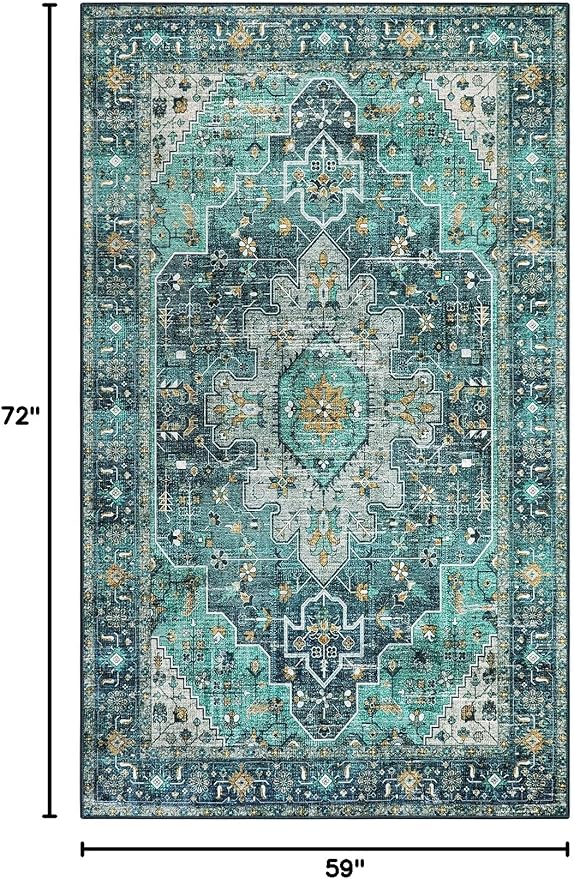Moynesa Ultra-Thin Washable Vintage Area Rug - 5x7 Large Living Room Rug Boho Oriental Medallion Bedroom Mat Non-Slip Non-Shedding Dining Room Floor Carpet for Home Office, Teal/Mutil