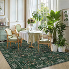 5x7 Floral Washable Area Rugs for Living Room, Vintage Boho Large Rug for Bedroom Dining Room， Distressed Botanical Birds Non Slip Low Pile Forest Throw Carpet for Farmhouse Office, Bright Green