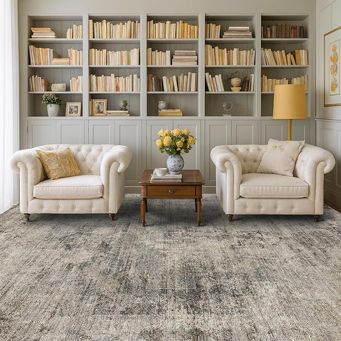 Taupe Brown Big Rugs for Living Room 9x12 - Mordern Farmhouse Rustic Large Rug for Dining Room, Bedroom, Washable Foldable Dark Academy Décor